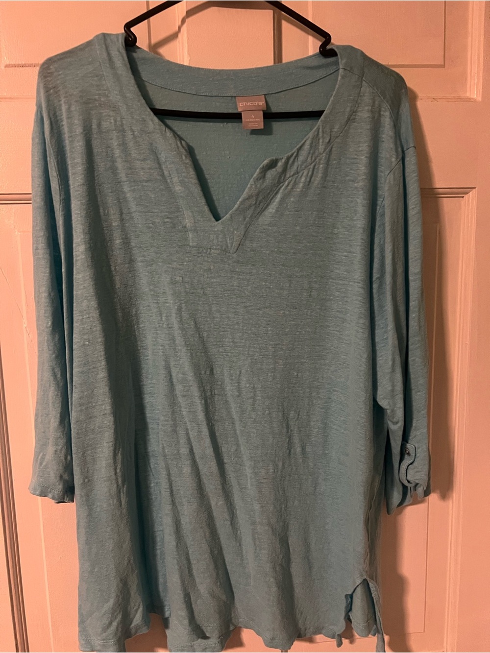 croft & barrow Women's Light Aqua Split V-Neck Long Sleeve Top